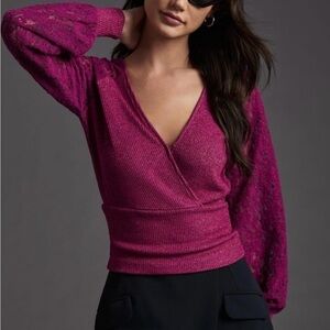 By Anthropologie plum Lace bell sleeved Sweater form fitting Top size XS
